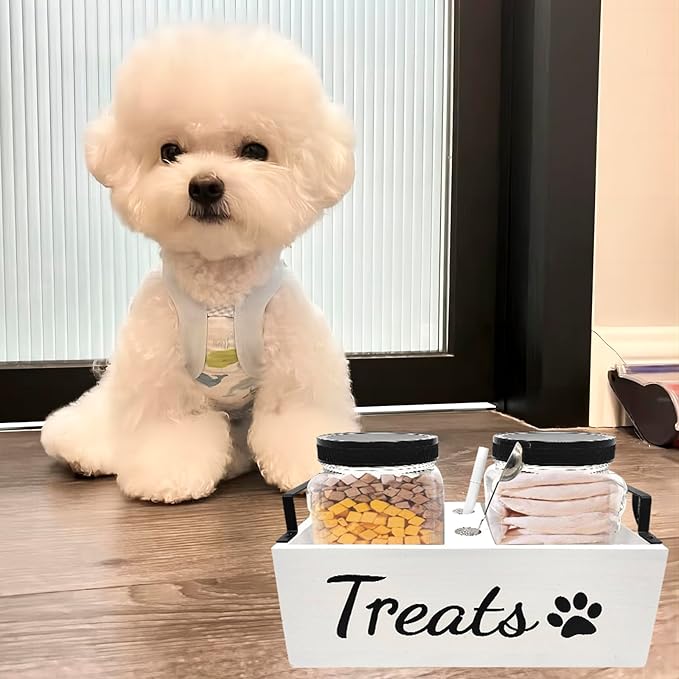 Dog Treat Container Food Storage - with 2 Plastic Treat Jars Pet Cat Food Containers Airtight Organizer Dog Treat Holder Farmhouse Decor Gift for Pet (White)