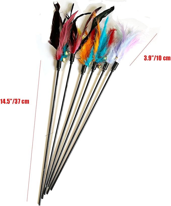 IUHKBH Cat Wands, 6 PCS Interactive Cat Feather Toys Cat Teaser with Bell - 18'' Long Feather Wand for Cat and Kitten