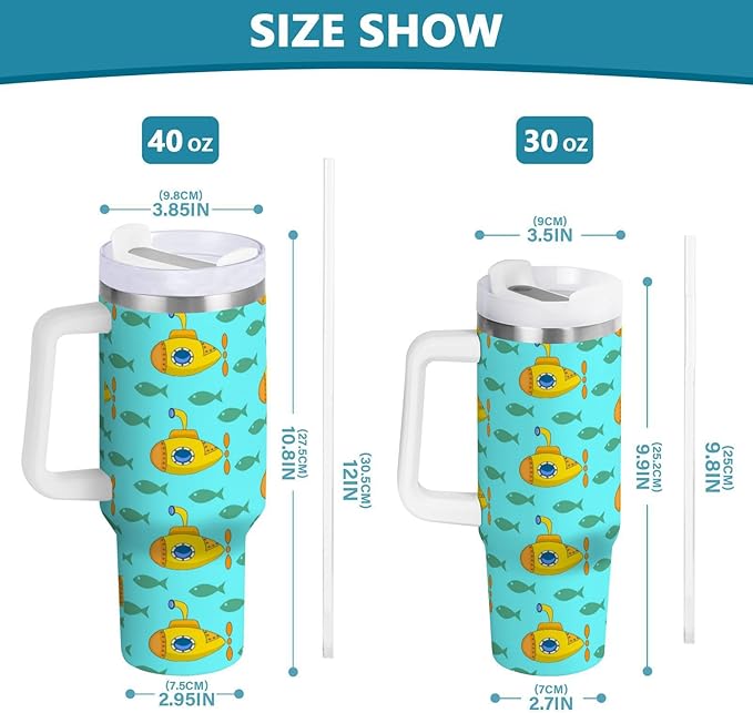Boccsty Yellow Submarine Insulated Tumblers Colorful Fish Reusable Stainless Steel Tumbler 40 oz Cup Coffee Travel Mug Water Bottle with Handle & Flip Straw for Home Office Car
