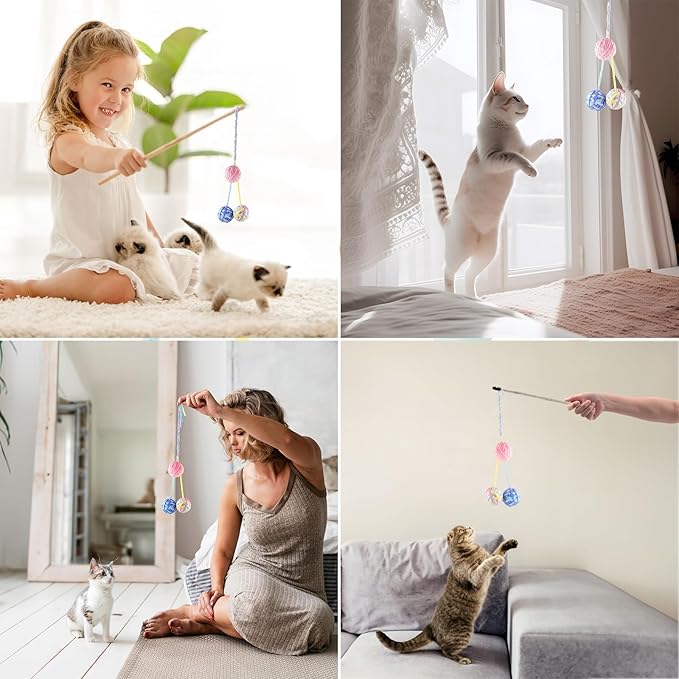 TUSATIY 9PCS Cat Ball Toy, Multi-Colored Cat Fuzzy Balls & Woolen Yarn Cat Toy Balls with Bell Inside, Soft Interactive Cat Toys for Indoor Cats Self Play