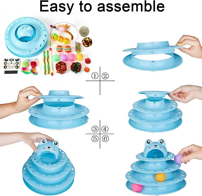 Suhaco 26 Pack Cat Toys Interactive for Indoor Cats Kitten Toy Fun Roller 4 Level Cat Teaser Ball Toys with 4 Colorful Balls Cat Feather Wand Kitty Toy Set for Boredom (Pink)