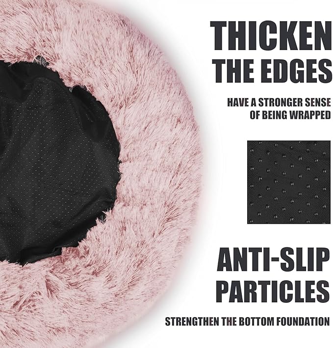 ShinHye Cat Bed Round Plush Fluffy Hooded Cat Bed Cave, Cozy for Indoor Cats or Small Dog beds, Soothing Pet Beds Doughnut Calm Anti-nxiety Dog Bed - Waterproof Bottom Washable, (23×23inch, Pink)