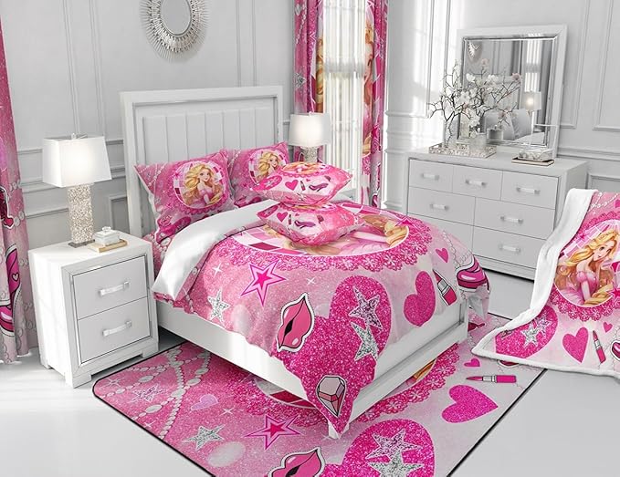 Castle Princess Kids Comforter Set Full Size,High-heeled Shoes Lip Bowknot Fashion Bedding Set,Girls Women Room Decor,Glitter Stars Sequins Down Comforter,Pink Romantic Duvet Insert,2 Pillowcases