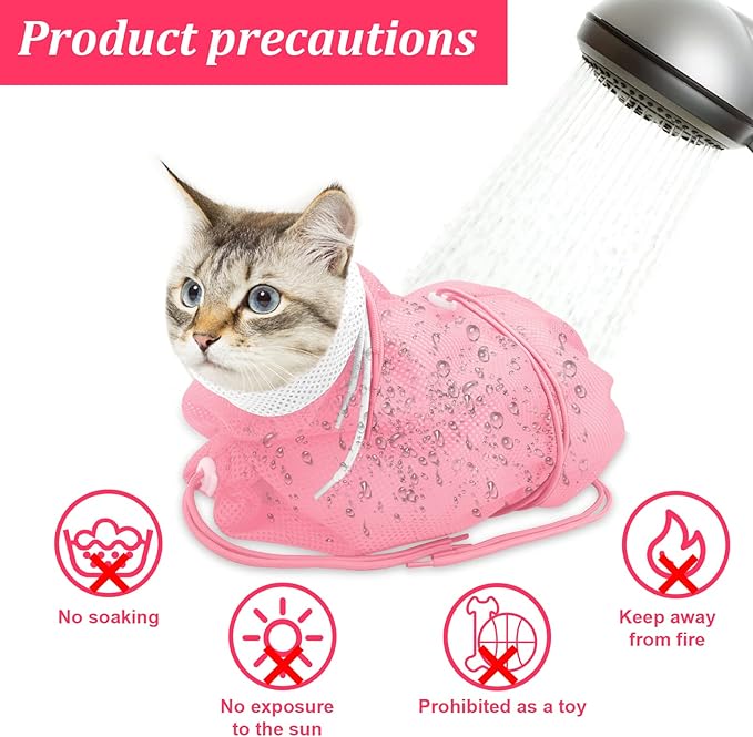 Cat Bathing Bag, Breathable Mesh Cat Shower Bag Anti Scratch Adjustable Cat Grooming Bag for Nail Trimming, Bathing Polyester Soft Cat Washing Bag (White-Pink)