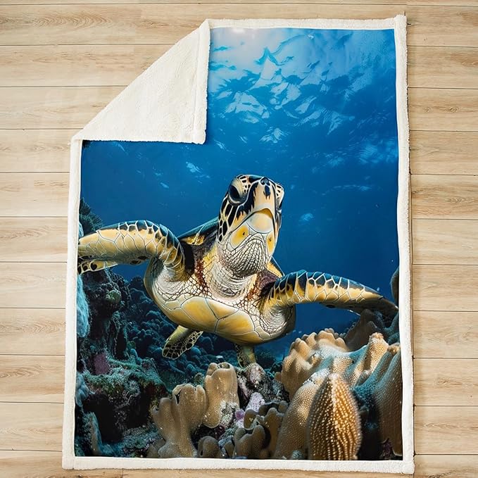 Sea Turtle Sherpa Blanket 3D Reptile Printed Fleece Throw Blanket for Sofa Couch Bed Ocean Marine Themed Plush Blanket Ultra Soft Decor Underwater Animal Pattern Fuzzy Blanket King 87x95 Inch