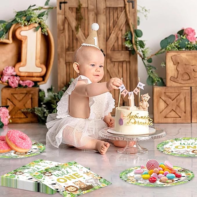 48Pcs Wild One Birthday Decorations Jungle Safari Theme Tableware Set Wild Animals Disposable Plates Napkins Forks Serves 16 Safari Baby Shower Decorations