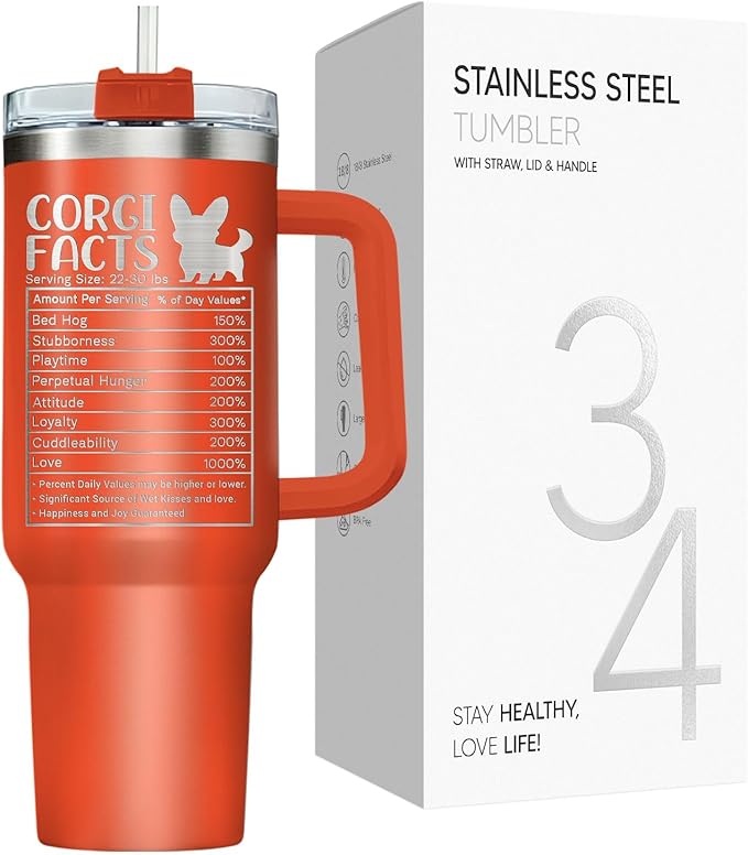 34HD Corgi Tumbler with Handle and Straw, 40oz Dog Mom Stainless Steel Coffee Mug with Lid, Beware of Wigglebutts Cup, Corgi Mom Gifts for Friends Sisters Daughter Aunt