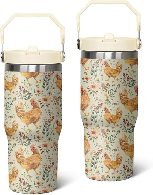 30 Oz Chicken Tumbler with Handle and Straw, Insulated Rooster Cup Gifts for Chicken Lovers Women, Double Wall Stainless Steel Chicken Mugs, Chicken Travel Mug Chicken Gifts for Women