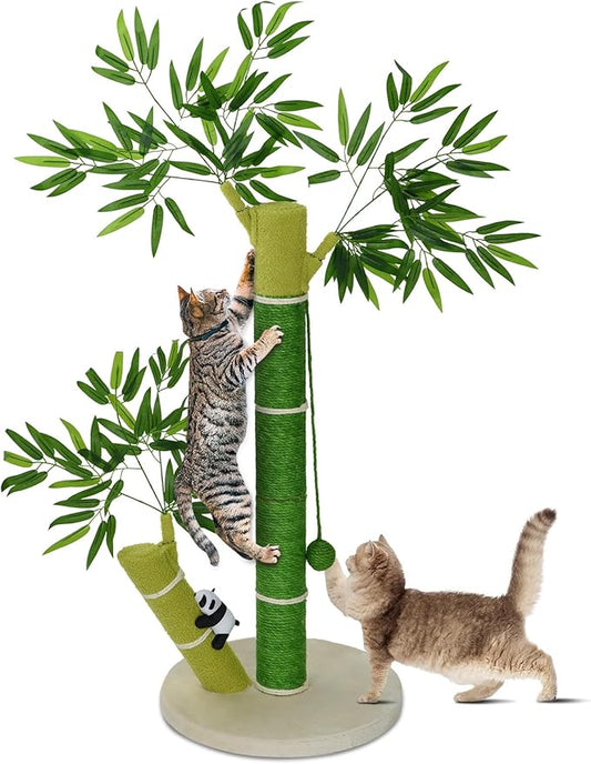 Cat Scratching Post for Large Cats and Kitten, 33 Inch Tall Nature Sisal Cat Scratchers for Indoor Cats with DanglingToy Ball and Cute 3D Panda Adult Cat Tree with Bamboo Shape for All Cats