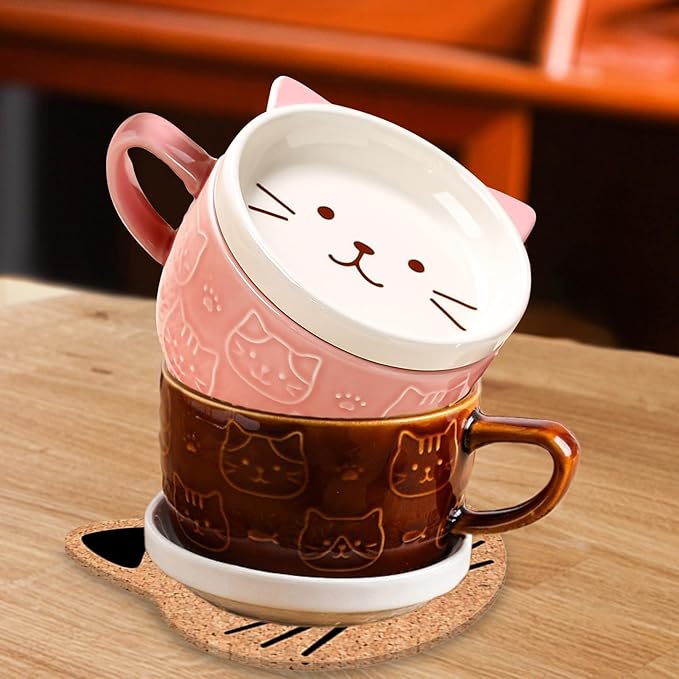 BigNoseDeer 2PCS Kawaii Cat Mug - Pink and Brown Ceramic Coffee Tea Cup with Lid, Saucer - Cool Preppy Gift for Cat Lovers, Christmas 10oz