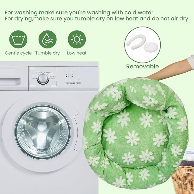 Cat Bed & Dog Bed, Removable Cozy Soft Cat Bed Washable Round Cute Dog Bed with Jacquard for Small Medium Cats and Dogs, Green Flower S