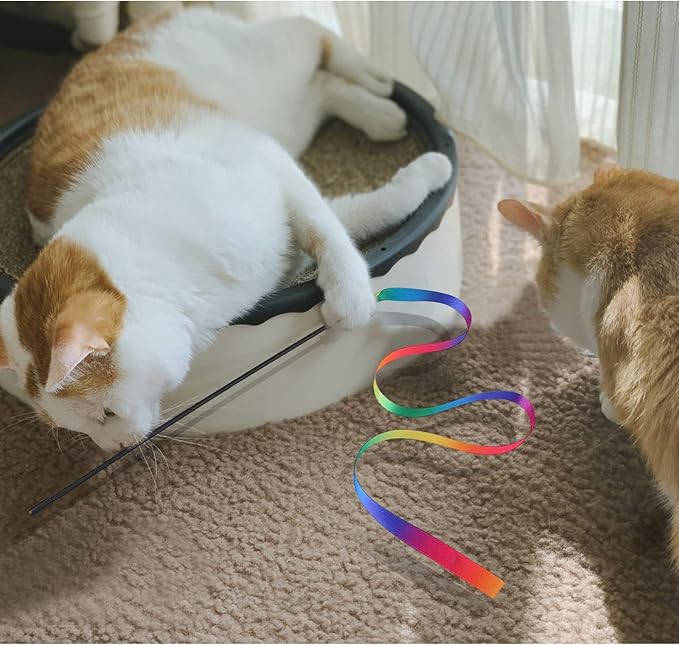 Andiker Cat Wand Teaser Toys，2Pcs Plastic Rainbow Cat Interactive Toys for Indoor Cats Colorful Ribbon&Leopard Print Cat Fishing Pole Toys Training Exerciser for Cat Gifts and Kitten Lovers (2pcs)