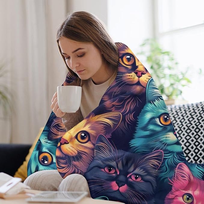 Funny Colorful Cat Print Blanket Cute Kawaii Kitty Animal Throw Blankets Gifts for Couch Sofa Bed Stuff Decor Soft Cozy Fleece Plush Warm Flannel Bedding for Lover Men Women 40"x50"