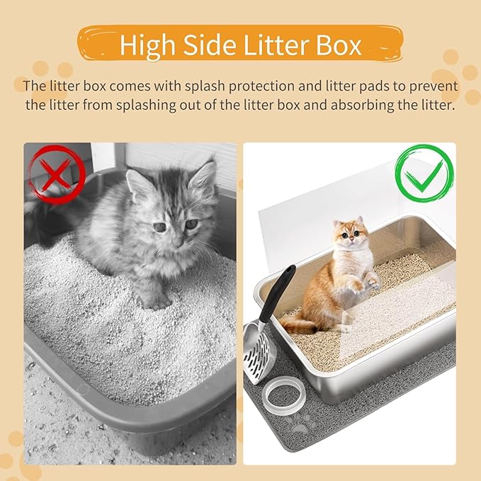 2 Sets Stainless Steel Litter Boxes, Metal Cat Litter Box Pan with High Wall Sides Non-Sticky Kitty Litter Box for Odor Control with Litter Scoop Easy Cleaning 19.7"x13.8"x5.9"