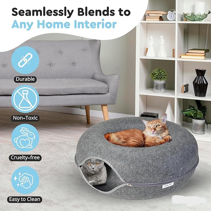 ESPIDO-Premium Cat Cave for Small Pets, Multifunctional Donut Tunnel Bed for Indoor Pets, Round Felt Pet Cave with Premium Zipper, for Pets up to 40 Lbs (24x24x11 Inch) (Light Gray)