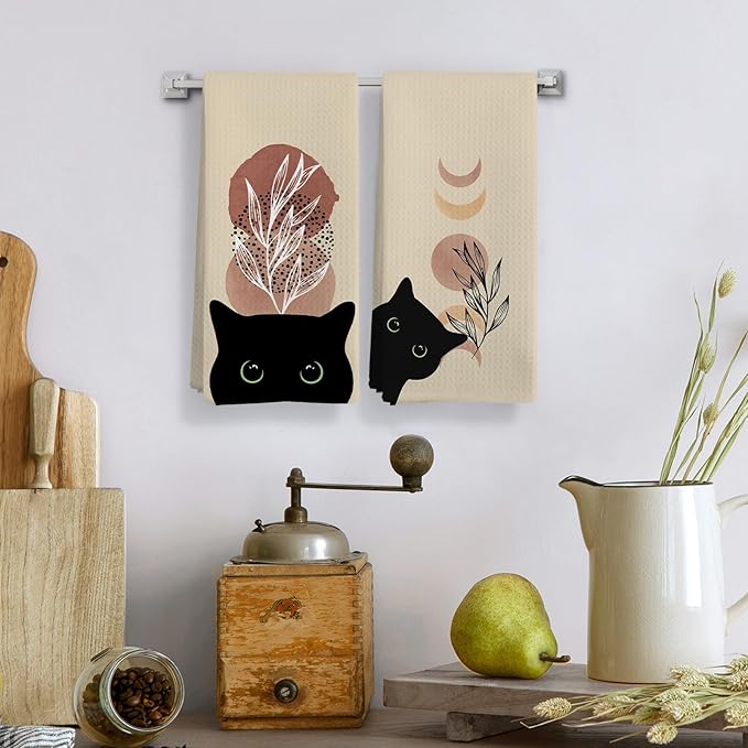 Abstract Boho Botanical Black Cat Kitchen Towels Set of 3, Cat Lover Mom Lady Gifts Decorative Dish Tea Towels, Boho Neutral Mid Century Modern Hand Towels for Bathroom Decor, 16X24In