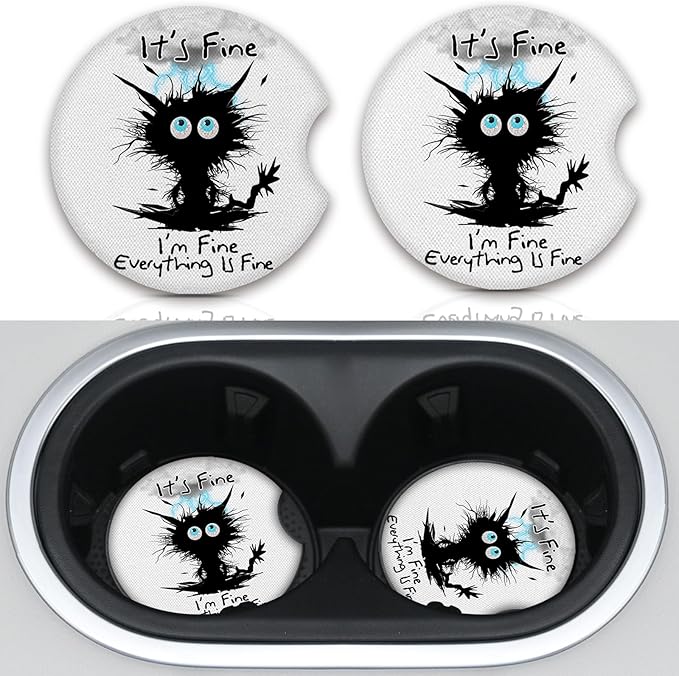 2 Pack Car Cup Holders,Universal Auto Anti Slip Insert Coaster, Rubber Car Coasters with A Finger Notch, Cute Car Assecories for Women Men (I'm Fine Cat)