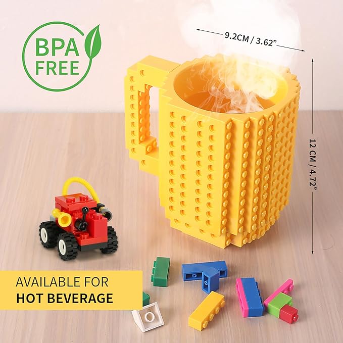 Build-on Brick Coffee Mug, Funny DIY Novelty Cup with Building Blocks Creative for Kids Men Women Xmas Birthday (Yellow)