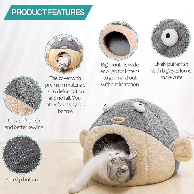 Cat Beds for Indoor Cats - Cat Bed Cave with Removable Washable Cushioned Pillow, Soft Plush Premium Cotton No Deformation Pet Bed, Lively Pufferfish Cat House Design, Grey, Multiple Sizes(S)