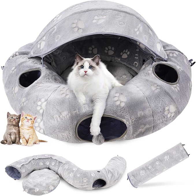 Cat Tunnel Bed with Plush Cover, Cat Tunnels for Indoor Cats, Cat Donut Tunnel with 4 Fluffy Toy Balls, Self-Luminous Cat Tube, Peekaboo Cat Cave for Kittens, Rabbits and Large Pets