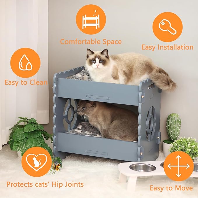 Wooden Cat Bed,Elevated Cat Bed Furniture,Cat Bunk Beds for 2 Indoor Cats,Modern Cat Condo with Matress,Protect Cat's Hip Joint for All Seasons,Easy to Assemble(19.7“x15 x19.2,Grey)
