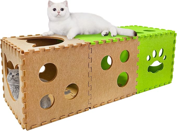 Cat Play Tunnel 14 Pcs DIY Foldable Cat Hideaway Cave with Interactive Peek Hole Felt Kitten Play Tubes and Tunnels for Indoor Cats Up to 20lb