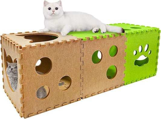 Cat Play Tunnel 14 Pcs DIY Foldable Cat Hideaway Cave with Interactive Peek Hole Felt Kitten Play Tubes and Tunnels for Indoor Cats Up to 20lb