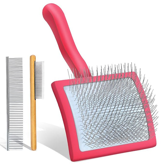 Dog Slicker Brush for Medium or Long Haired Dogs, Removes Loose Hair, Tangles and Knots, Best Grooming Brush for Small Animals, Free Pet Comb, Red