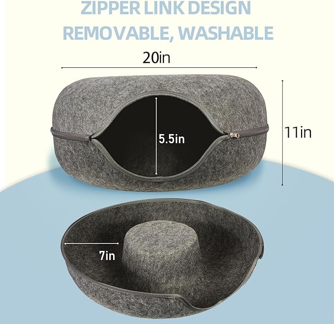 Cat Tunnel Bed, Cat Tunnels for Indoor Cats Large, Peekaboo Cat Cave, Cat Hideaway Folded Cat Donut Tunnel, Detachable Round Felt & Washable Interior Cat House (24 in * 24 in* 11 in Large) Dark Gray