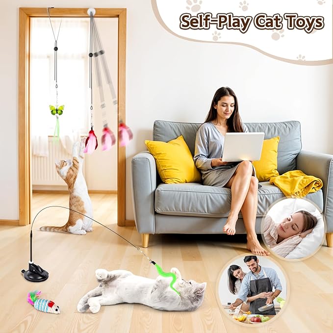 HONGDDY Cat Toys, 14Pcs 4 in 1 Indoor Adult Cat Interactive Toys, Hanging Door Kitten Wand Toys with Suction Cup Removable Feathers Balls Mice Butterfly Streamers