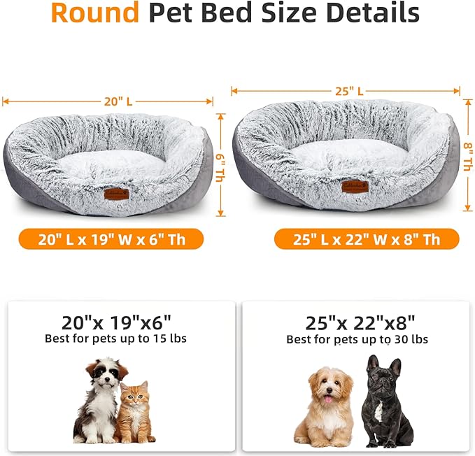 Dog Beds for Small Dogs - Round Cat Beds for Indoor Cats, Washable Pet Bed for Puppy and Kitten with Slip-Resistant Bottom (Light Grey, 20.0" L x 19.0" W x 6.0" Th)