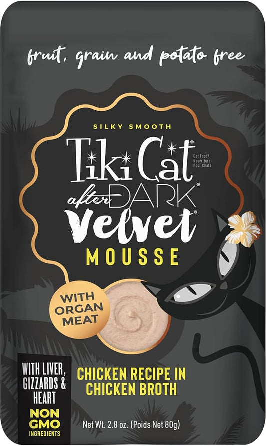 Tiki Cat After Dark, Velvet Mousse, Chicken Recipe in Chicken Broth, Grain & Potato Free Formula, with High Protein & Nutrient Dense Blended Irresistible Organ Meat, 2.8 oz. Pouch (Pack of 12)