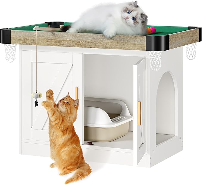 DWVO 4 in 1 Cat Toys Mini Pool Table for Cats, Litter Box Enclosure for Cat Pool Table Tower with Feather Wand Interactive Exercise Play Rest Beds & Litter Box Furniture, White, Medium