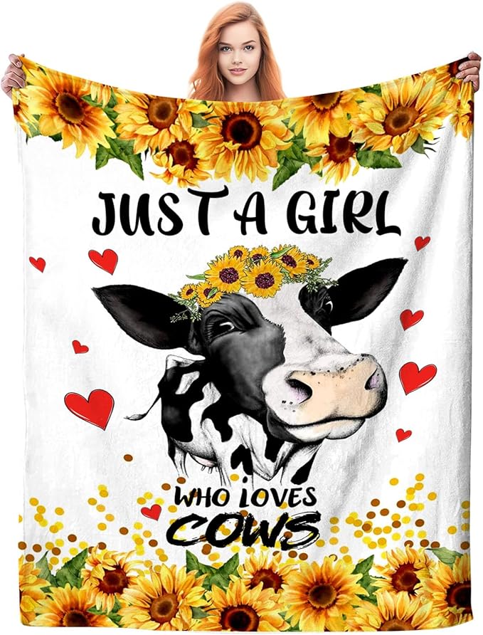 Cow Balnket Sunflower Cow Soft Cozy Flannel Throw Blanket Just a Girl Who Loves Cow Blankets Gifts for Women Kids Adults Teen 80"X 60"