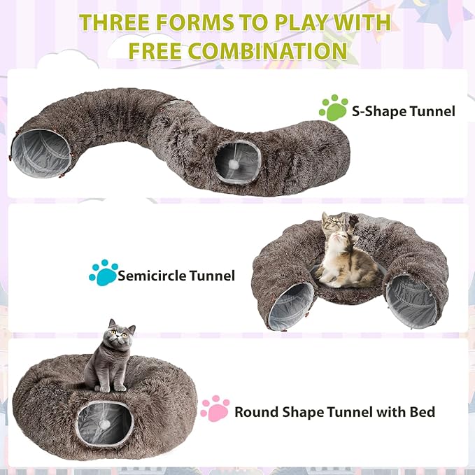 KOMUSMO Cat Tunnel Bed with Central Mat and Hanging Ball Toy, Multifunctional Large Cat Bed Cave Donut for Indoor Cats, Soft Plush Fluffy Collapsible Peekaboo Cave for Small Medium Large Cats Kittens