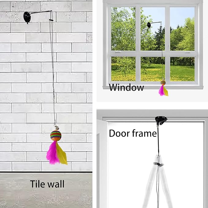 Retractable Hanging Door Cat Toy with Super Suction Cup,Hanging Interactive Cat Feather Toys with 5 Replaceable Feathers,Interactive Door Hanging Teaser cat Toys for Indoor Cats