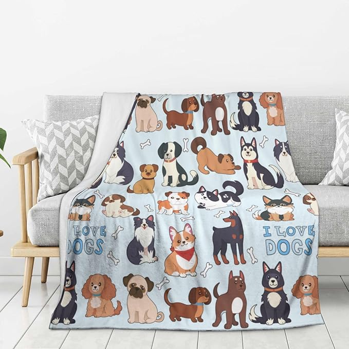Kids Dogs Print Blanket Throw 80"x60", Plush Flannel Blankets with Dogs On It, Soft Warm Decorative for Kids Women Adults Dog Lovers