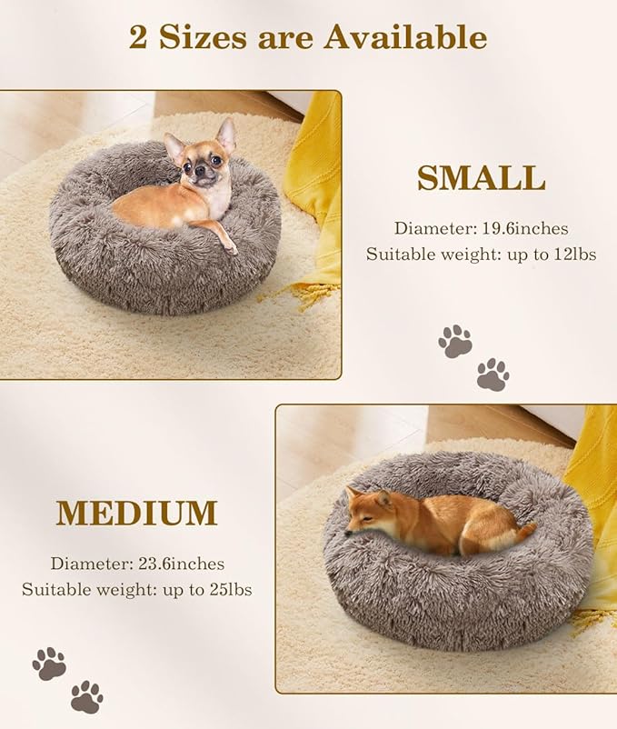 Round Dog Bed for Small Dogs, Donut Cuddler Plush Cat Calming Bed with Machine Washable, Non-Slip Fluffy Dog & Cat Calming Cushion Bed for Joint-Relief and Sleep Improvement, S Size, Khaki