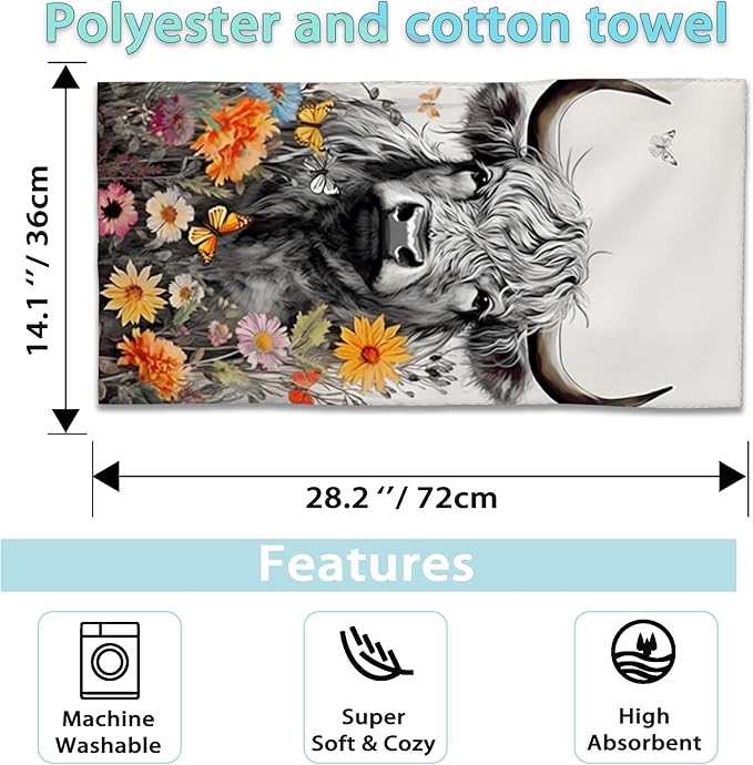 Highland Cow Hand Towels Set of 2,Daisy Flower Soft Fingertip Bath Towel Small Face Washcloths Decor Kitchen Towel for Hotel Spa Gym Sport 28x14in