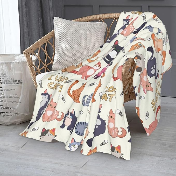 Kids Cat Print Blanket Throw 50"x40", Plush Flannel Blankets with Cats On It, Soft Warm Decorative for Kids Women Cat Lovers