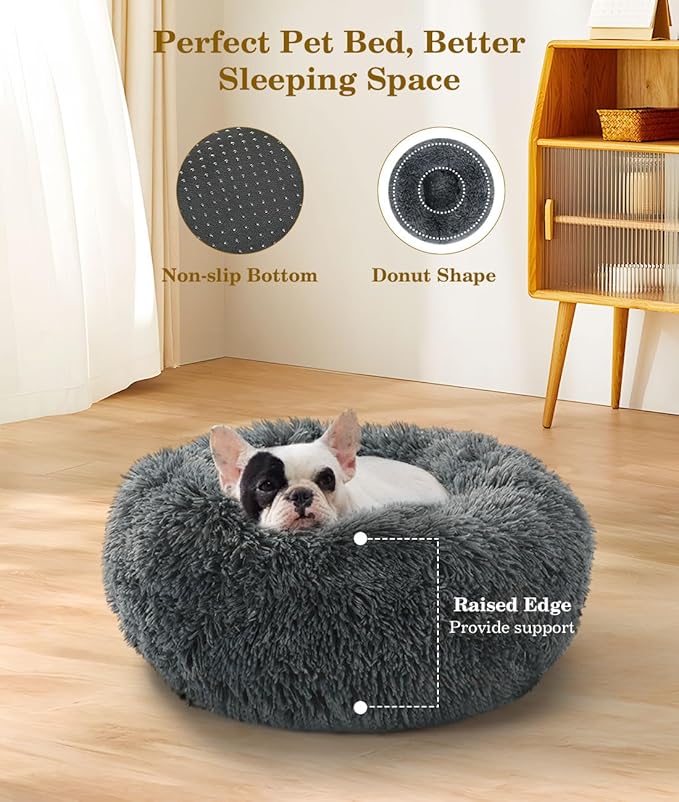 Round Dog Bed for Small Dogs, Donut Cuddler Plush Cat Calming Bed with Machine Washable, Non-Slip Fluffy Dog & Cat Calming Cushion Bed for Joint-Relief and Sleep Improvement, S Size, Dark Grey