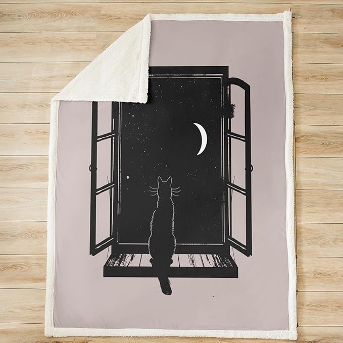 Pet Cats Sherpa Blanket Cute Animals Fleece Throw Blanket for Sofa Couch Bed Cat Sitting On The Window Plush Blanket Moon Star Black White Fuzzy Blanket Grey Bedroom Decor Twin 60"x80"