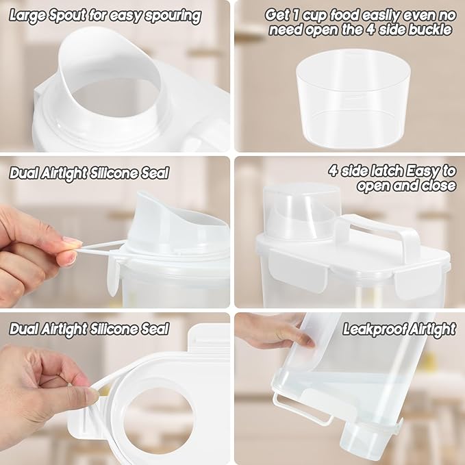 5-7LBS Plastic Dog Food and Cat Food Storage Container Does not Contain PBA. The Pet Food Storage Container with 4-Buckle Handle Design is Leak-Proof, Easy to Clean and Portable