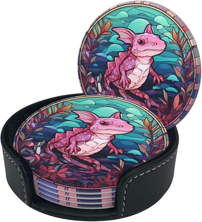 Axolotl Drink Coaster Set of 6, Axolotl Decor Gifts, Leather Drink Coasters with Holder, 6 Pack Cup/Bar/Drink Coasters for Table/Drinks/Coffee Protection Housewarming Gift (Axolotl)