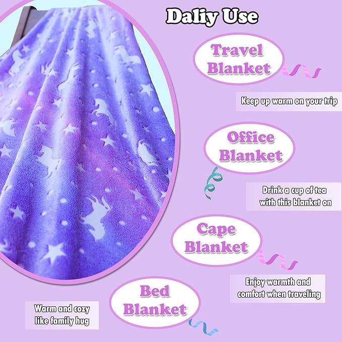 Unicorn Throw Blanket Glow in The Dark Blankets for Girls with Storage Bag, Best Gifts for Birthday Christmas Valentines, Girls Blanket Kids Blanket, Soft for Day Care Home Travel Use, 50"x60" Purple