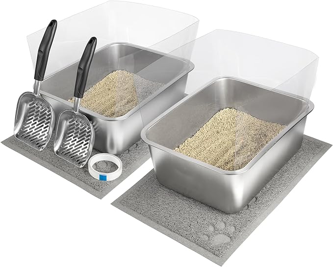 2 Sets Stainless Steel Litter Box, Metal Litter Box 17.7"x13.8"x5.9", Cat Litter Box with Plastic Shield High Sides, Cat Litter Scoops, Cat Litter Mats for Multiple Cats, Sturdy and Easy to Clean