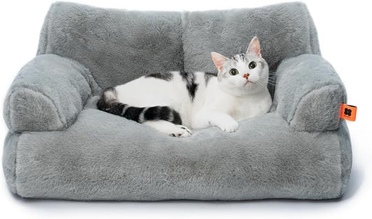 MEWOOFUN Cat Couch Bed for Indoor Cats, Washable Small Dog Beds for Medium Small Dogs & Cats up to 25 lbs, Fluffy Pet Beds with Non-Slip Bottom, 26×19×13 Inch (Grey)