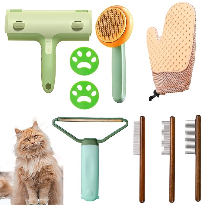 9Pcs Cat Brush, Self-Cleaning Slicker Brush for Long and Short Haired Dogs, Rabbits, and Pets, Grooming and Shedding Brush for Cats, Removes Tangled Hair and Shedding from Pet Mats Easily