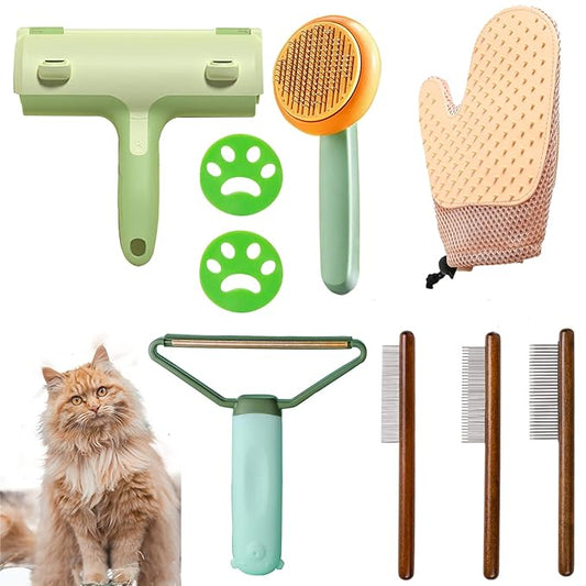9Pcs Cat Brush, Self-Cleaning Slicker Brush for Long and Short Haired Dogs, Rabbits, and Pets, Grooming and Shedding Brush for Cats, Removes Tangled Hair and Shedding from Pet Mats Easily
