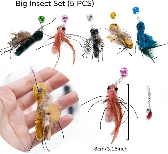 Cat Insects Toy Interactive Cat Toy Bug Refills for Cat Wand Toy, 5 Pieces Feather Replacements with Bells for Cat Teaser for Indoor Cats and Kittens, Big Insects Set